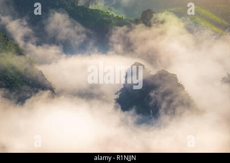 Morgennebel über Berge. Stockfoto