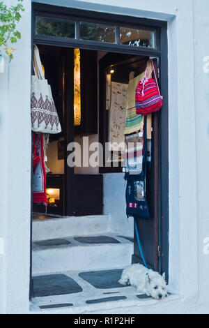 Wenig westy Hund auf einen Shop Haustür auf Skopelos Altstadt ausruhen, Sonnenuntergang an der Insel Skopelos, Griechenland Stockfoto