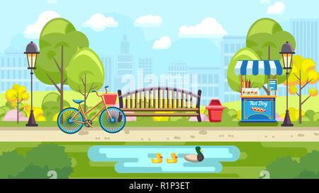 Bank Park mit Teich in bunten Vektor Stock Vektor