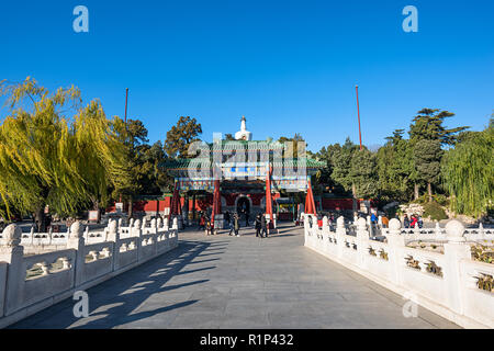 Touristen besuchen Beihai Park von Peking im Herbst Stockfoto