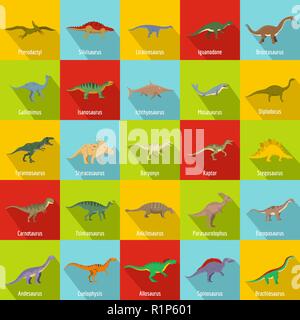 Dinosaurier Arten Unterschrift Name Symbole gesetzt. Flache Darstellung von 25 Dinosaurier Arten Unterschrift Name Vector Icons für Web Stock Vektor