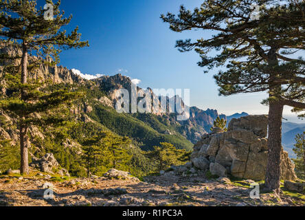 Aiguilles de Bavella, Aussicht bei Sonnenaufgang vom Col de Bavella, Corse-du-Sud, Korsika, Frankreich Stockfoto