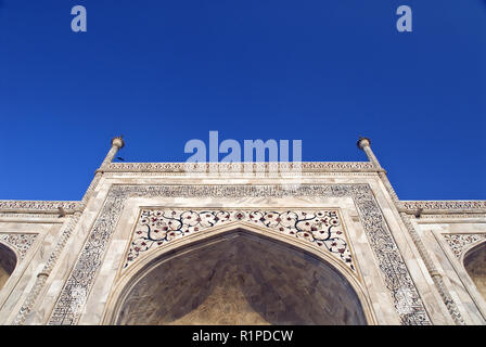 Florale Muster und arabische Kalligraphie in Pietra Dura, ein marmoreinlage Technik, das Äußere des Taj Mahal in Agra, Indien dekorieren. Stockfoto