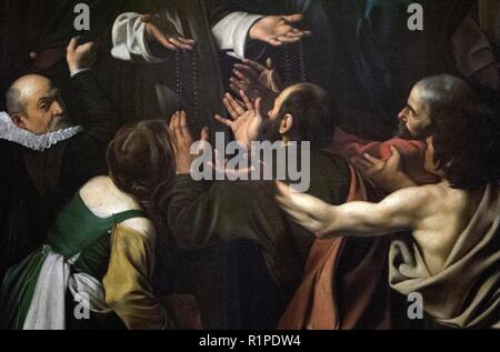 Caravaggio (1571-1610). Italienischer Maler. Madonna vom Rosenkranz, 1607. Detail. Öl auf Leinwand. 364,5 x 249, 5 cm. Barock Stil. Kunsthistorisches Museum, Wien. Österreich. Stockfoto