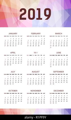 Vertikale moderne Vorlage Kalender für 2019 Jahre. Woche beginnt ab Sonntag. Für Business auf weißem Hintergrund. Hell abstrakt Hintergrund top. Vector Illustration. Stock Vektor