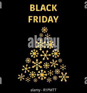Text Schwarzer Freitag Verkauf Poster mit glänzenden Frohe Weihnachten, Tanne kostbaren Baum mit goldenen Schneeflocken. Schwarzen Hintergrund. Winter Konzept für Banner, Poster, Coupons, Karten, Einladungen zum Einkaufen. Anzeigen, Angebote. Vektor Stock Vektor