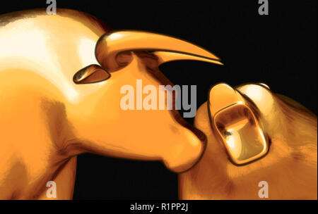 Eine Nahaufnahme der Abbildung einer stilisierten Stier gegen einen Bären, Financial Market Trends auf einem isolierten dunklen Hintergrund - 3D-Rendering Stockfoto