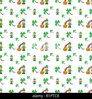 Nahtlose Hintergrund mit Kobold, Regenbogen, Pot of Gold und Shamrocks für St. Patrick's Day. Stockfoto