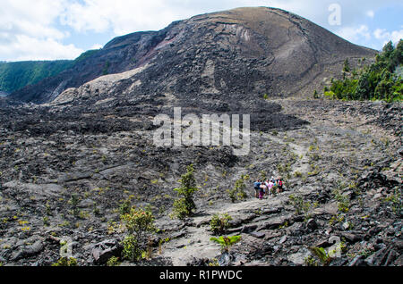 Eine Gruppe von Touristen wandern in Vulkankrater stoppen die karge Landschaft - im Volcano National Park, Big Island, Hawaii bewundern. Stockfoto