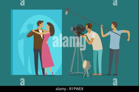 Filmteam macht einen Film. Kinematographen, Kino, Filmen Konzept. Cartoon Vector Illustration Stock Vektor