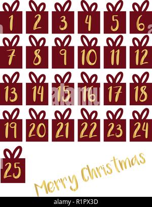 Geschenk Box Set gold Folie zahlen Vector Illustration. Adventskalender. Warten auf Weihnachten Countdown Stock Vektor