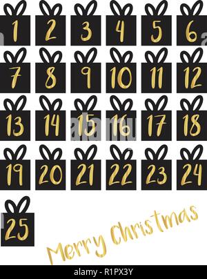 Geschenk Box Set gold Folie zahlen Vector Illustration. Adventskalender. Warten auf Weihnachten Countdown Stock Vektor