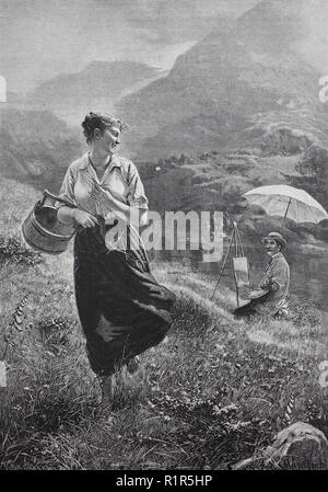 Digital verbesserte Reproduktion, junge Frau trifft auf der Alm ein Maler, original Drucken aus dem Jahr 1880 Stockfoto