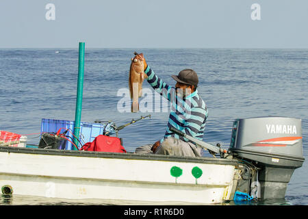 Omanische Fischer zeigen stolz Fisch, außerhalb Muscat, Oman. Stockfoto