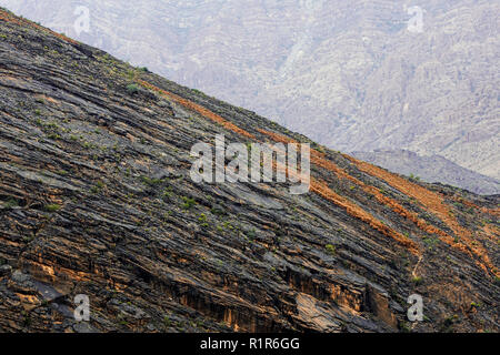 Panoramasicht auf die Berge ringsum Wadi Bani in westlichen Hajar, Oman. Stockfoto