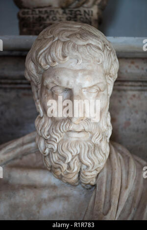 Rom. Italien. Portraitbüste von Epikur (341 - 270 v. Chr.) in der Halle des Philosophen, die Kapitolinischen Museen. Musei Capitolini. Marmor römische Kopie einer Gre Stockfoto