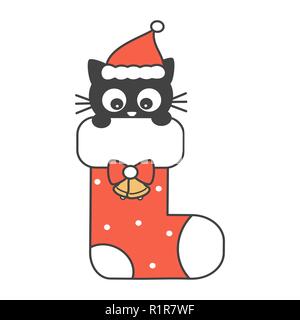 Cute cartoon schwarz Baby Katze in Weihnachtsgeschenk Socke urlaub Vector Illustration Stock Vektor