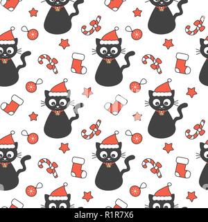 Süße schöne Feiertage nahtlose Vektor Muster Hintergrund Abbildung mit schwarze Katze mit Weihnachtsmütze, Socken, Zuckerstange, Sterne und christmas ball Stock Vektor