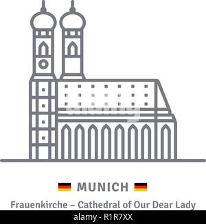 Deutschland referenzmarkenlinie Symbol. München Frauenkirche und Deutsche Flagge Vector Illustration. Stock Vektor