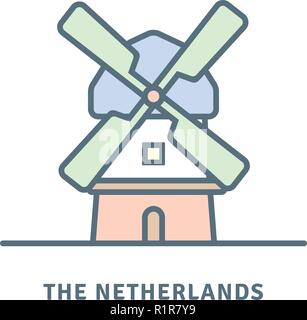 Die Niederlande Symbol Leitung. Holländische Windmühle Vector Illustration. Stock Vektor