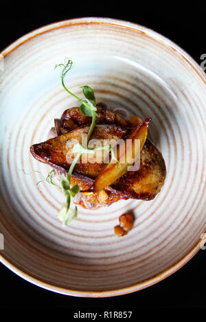 Ästhetische französische Gänseleber mit Apfel und Birne chutney auf dem Toast im minimalistischen Stil Stockfoto