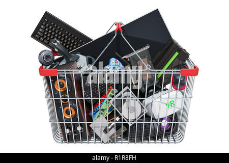 Computer und Zubehör in Warenkorb, 3D-Rendering auf weißem Hintergrund Stockfoto