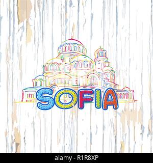 Bunte Sofia Zeichnung auf Holz- Hintergrund. Hand Vector Illustration gezeichnet. Stock Vektor