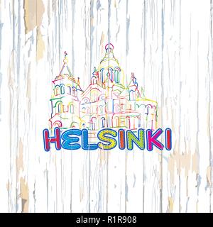 Bunte Helsinki Zeichnung auf Holz- Hintergrund. Hand Vector Illustration gezeichnet. Stock Vektor