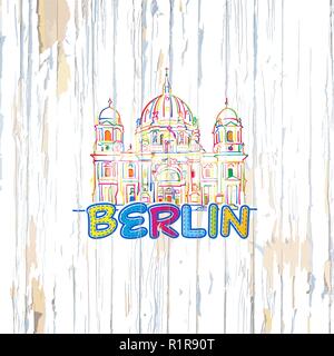 Buntes Berlin Zeichnung auf Holz- Hintergrund. Hand Vector Illustration gezeichnet. Stock Vektor