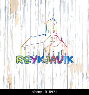 Bunte Reykjavik Zeichnung auf Holz- Hintergrund. Hand Vector Illustration gezeichnet. Stock Vektor