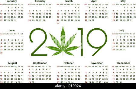 Marihuana Kalender für 2019. Die medizinische Verwendung von Cannabis. Einfachen Vektor Vorlage. Briefpapier Design Vorlage. Isolierte Vector Illustration auf weißem Hintergrund. Stock Vektor