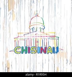 Bunte Chisinau Zeichnung auf Holz- Hintergrund. Hand Vector Illustration gezeichnet. Stock Vektor
