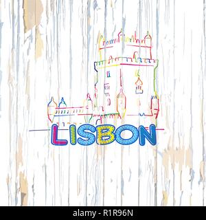 Bunte Lissabon Zeichnung auf Holz- Hintergrund. Hand Vector Illustration gezeichnet. Stock Vektor