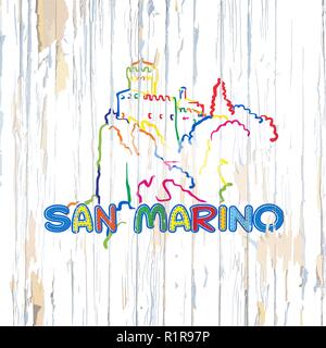 Bunte San Marino Zeichnung auf Holz- Hintergrund. Hand Vector Illustration gezeichnet. Stock Vektor