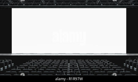 Kinosaal mit Auditorium ansehen Film auf leeren Bildschirm mockup. Leere Monitor im Film Theater mit Zuschauern mock up. Premiere 3d Showtime im Theater Stockfoto