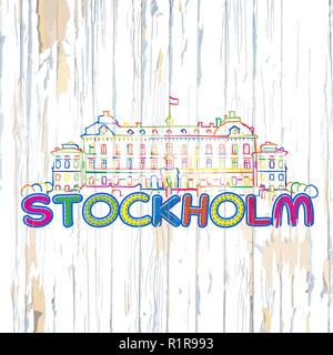 Bunte Stockholm Zeichnung auf Holz- Hintergrund. Hand Vector Illustration gezeichnet. Stock Vektor