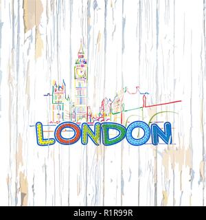 Bunte London Zeichnung auf Holz- Hintergrund. Hand Vector Illustration gezeichnet. Stock Vektor