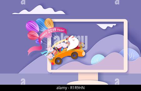 Frohes Neues Jahr 2019 design Karte mit Santa Claus und kleine Schweine fahren gelben Bus in Monitor mit Bergen. Papier schneiden Stil. Vector Illustration Stock Vektor