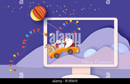 Frohe Weihnachten design Karte mit Santa Claus, Schneemann, Rentier gelben Bus fahren in der Nacht mit Mond Ballon in Monitor mit Bergen. Papier schneiden Stil. Vector Illustration Stock Vektor