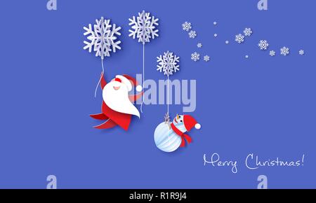Frohe Weihnachten design Karte mit Santa Claus, Schneemann fliegen mit großen Schneeflocken auf lila Hintergrund. Vektor Papier art Illustration. Papier geschnitten und Handwerk Stil. Stock Vektor