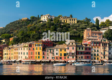 Der Hafen von Portofino mit seinen typischen bunten Häusern Stockfoto