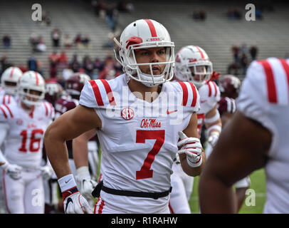 College Station, TX, USA. 10 Nov, 2018. Ole Fräulein tight end, Jason Pellerin (7), während der NCAA Football Spiel zwischen der Texas A&M Aggies und die Ole Miss Rebels, in College Station, TX. (Absolut komplette Fotograf & Company Credit: Joseph Calomeni/MarinMedia.org/Cal Sport Media) Credit: Csm/Alamy leben Nachrichten Stockfoto