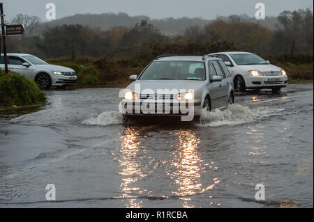 Dunmanway, West Cork, Irland. 14 Nov, 2018. Ein Auto verhandelt eine schlecht überschwemmte Straße gerade außerhalb Dunmanway nach einer Nacht von sintflutartigen Regenfällen. Der Tag wird sehr nass und windig mit Höhen von 13 bis 15°C. Credit: Andy Gibson/Alamy Leben Nachrichten. Stockfoto