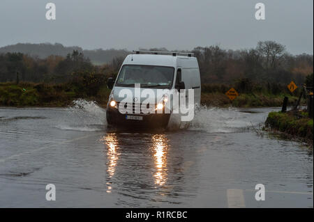 Dunmanway, West Cork, Irland. 14 Nov, 2018. Ein van verhandelt eine schlecht überschwemmte Straße gerade außerhalb Dunmanway nach einer Nacht von sintflutartigen Regenfällen. Der Tag wird sehr nass und windig mit Höhen von 13 bis 15°C. Credit: Andy Gibson/Alamy Leben Nachrichten. Stockfoto