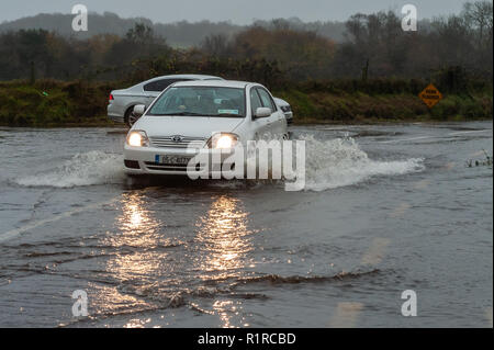 Dunmanway, West Cork, Irland. 14 Nov, 2018. Ein Auto verhandelt eine schlecht überschwemmte Straße gerade außerhalb Dunmanway nach einer Nacht von sintflutartigen Regenfällen. Der Tag wird sehr nass und windig mit Höhen von 13 bis 15°C. Credit: Andy Gibson/Alamy Leben Nachrichten. Stockfoto