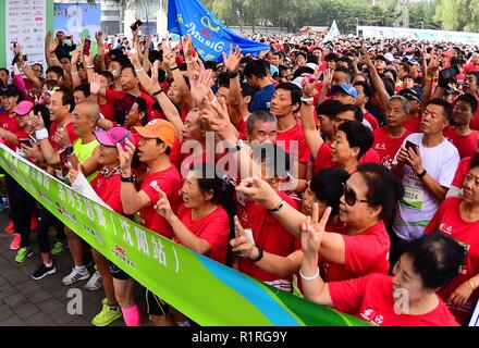 Shenyang, Shenyang, China. 14 Nov, 2018. Shenyang, China - Läufer tragen Kostüme von Spiderman, Hulk und Batman auf der Marathon in Shenyang, Provinz Liaoning im Nordosten Chinas. Credit: SIPA Asien/ZUMA Draht/Alamy leben Nachrichten Stockfoto