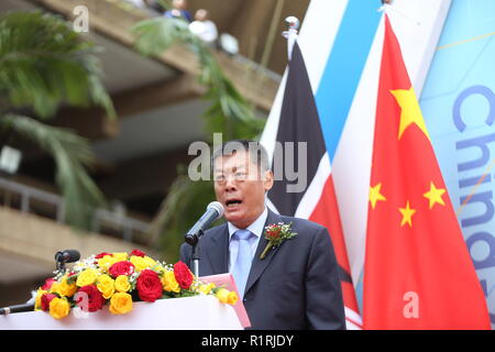 Nairobi, Kenia. 14 Nov, 2018. Die chinesische Delegation Leiter der Ausstellung Wang Xiaoguang beobachtet, als er während der Veranstaltung. China und Kenia eine industrielle Kapazität Zusammenarbeit Ausstellung in Nairobi in Kenia statt. Es ging um die Unterzeichnung von bilateralen Kooperationen in den Bereichen der Infrastruktur, in der Produktion und bei Unternehmen haben im afrikanischen Kontinent einschließlich Kenia. Credit: Billy Mutai/SOPA Images/ZUMA Draht/Alamy leben Nachrichten Stockfoto