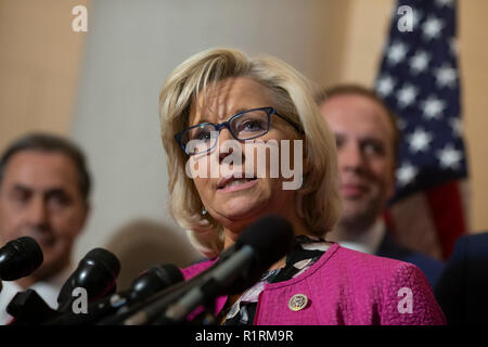Washington, Vereinigte Staaten von Amerika. 14 Nov, 2018. Us-Repräsentantenhaus Republikaner Konferenzstuhl Liz Cheney, Republikaner von Wyoming, spricht während einer Pressekonferenz nach dem Abschluß des Haus republikanischen Fraktionsvorsitz Wahlen auf dem Capitol Hill in Washington, DC am 14. November 2018. Credit: Alex Edelman/CNP/dpa/Alamy leben Nachrichten Stockfoto