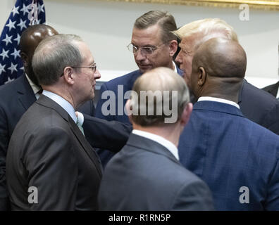 November 14, 2018 - Washington, District of Columbia, USA - United States President Donald J. Trumpf, rechts, spricht zu uns Vertreter Bob Goodlatte (Republikaner für Virginia), Vorsitzender des US-Repräsentantenhauses, Links, wie kommt er seine Unterstützung von H.R. 5682, der "erste Schritt Handeln" im Roosevelt Raum des Weißen Hauses in Washington, DC am Mittwoch, 14. November 2018 zu verkünden. Laut der Website congress.gov, diese Rechnung trägt den Titel "Die ehemals inhaftierten erneut ein Gesellschaft verwandelt sicher Übergang jeder Person, Handlung oder der erste Schritt Handeln.'' Es geniesst parteiübergreifende Unterstützung Stockfoto