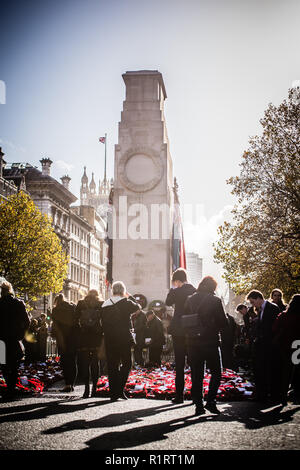 Mohn & Kränze am Ehrenmal Gedenkstätte Armistice Day & Gedenken an die gefallenen Soldaten in den beiden Weltkriegen markieren Stockfoto